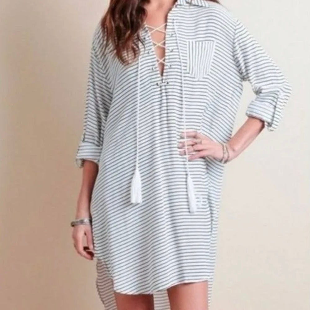 Faithfull the brand striped swim coverup lace-up shirt dress tunic XS